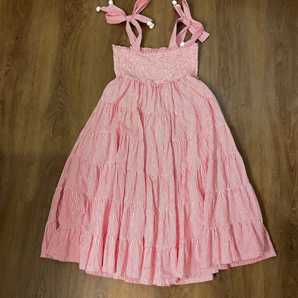 EUC Smocked Tie Shoulder Midi Dress with Pom Pom Detailing Red White Stripe